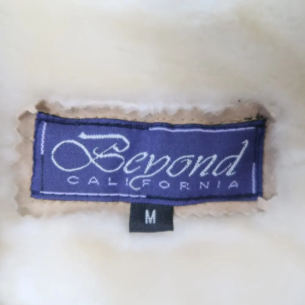 Vintage Y2K Beyond California Tan Suede Leather Cream Faux Fur Sherpa Jacket M - Picture 5 of 6